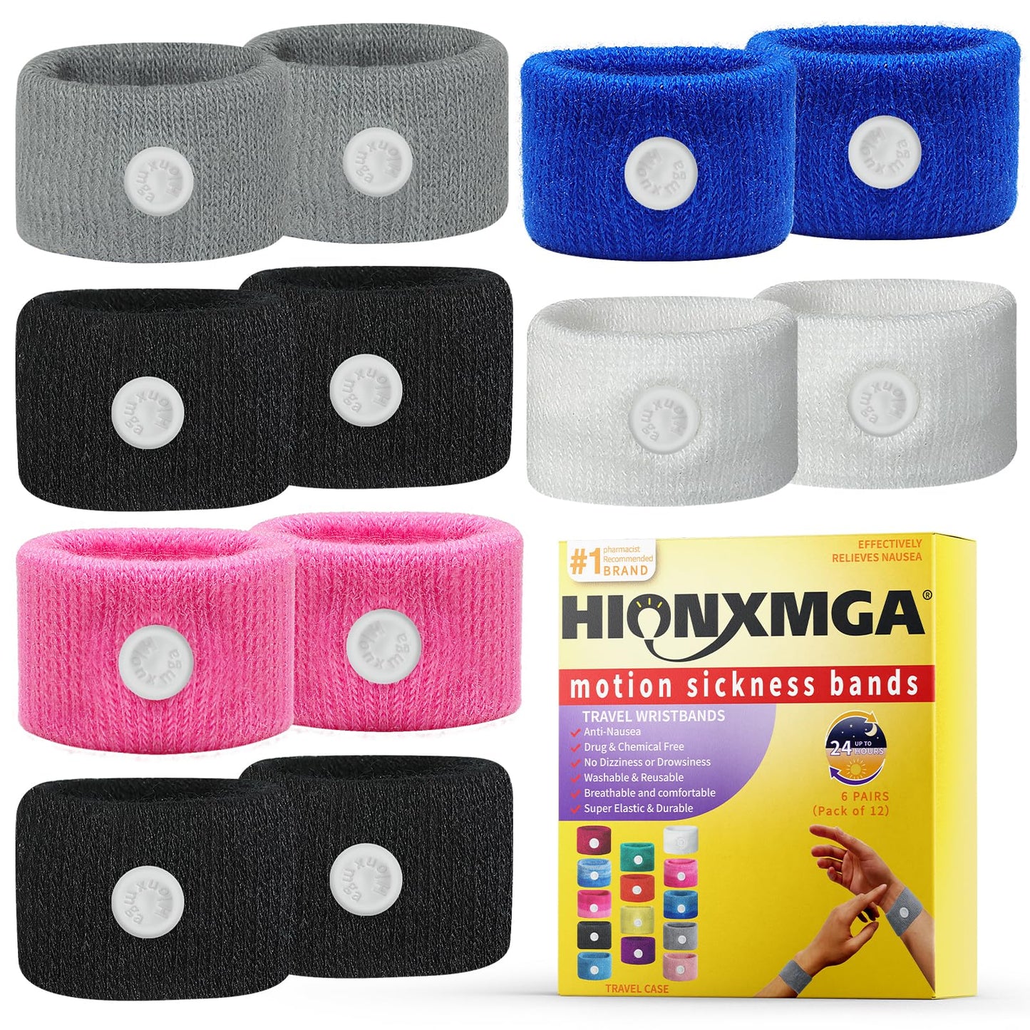 HIONXMGA 6 Pairs Motion Sickness Bands โ Natural Nausea Relief for Travel