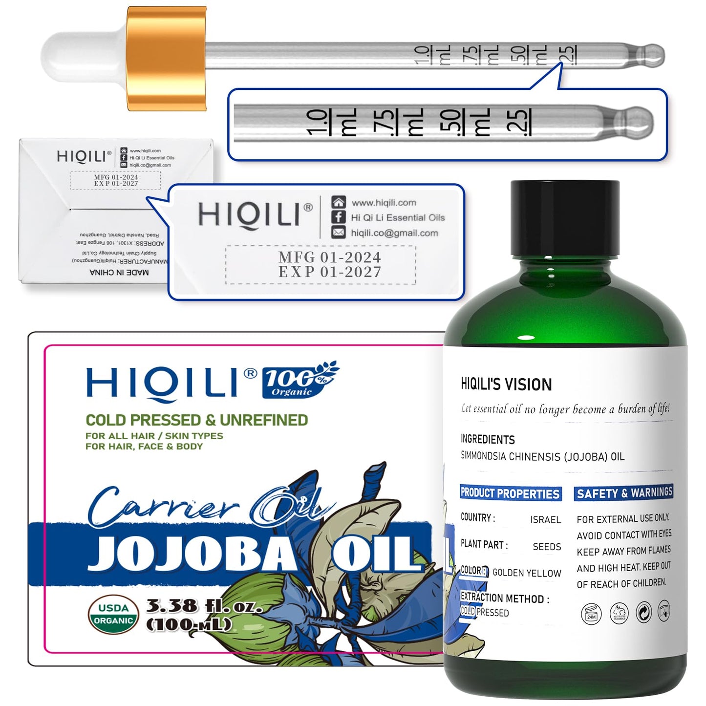 HIQILI Organic Jojoba Oil 100ml โ Hair Growth, Cold-Pressed & Unrefined with Roller Bottle