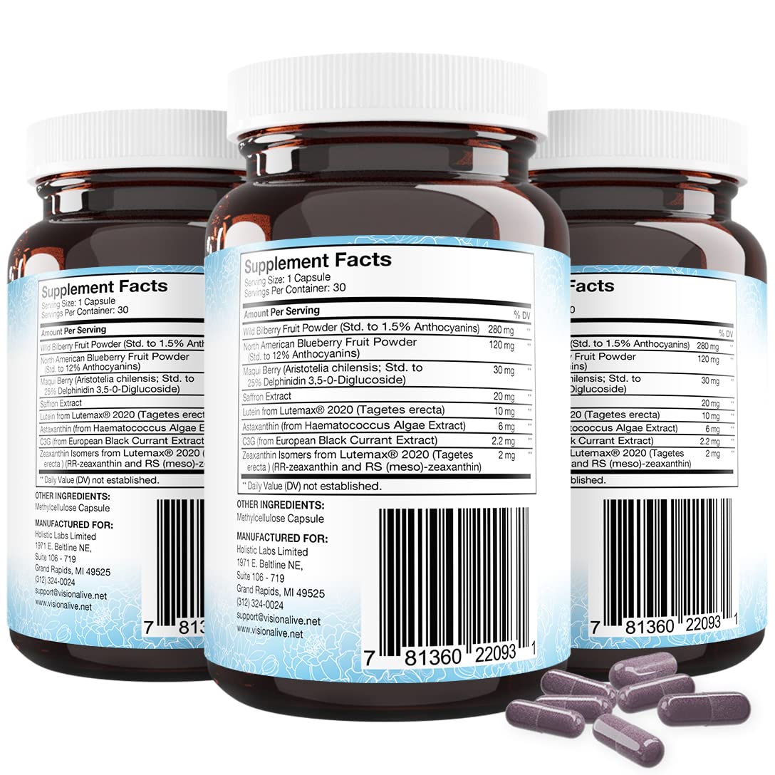 Holistic Health Labs Vision Alive Max β 8 Natural Eye Health Ingredients (Lutemax 2020, Bilberries, Blueberries, C3G from Black Currant, Maqui Berry, Saffron, Astaxanthin) β Pack of 3