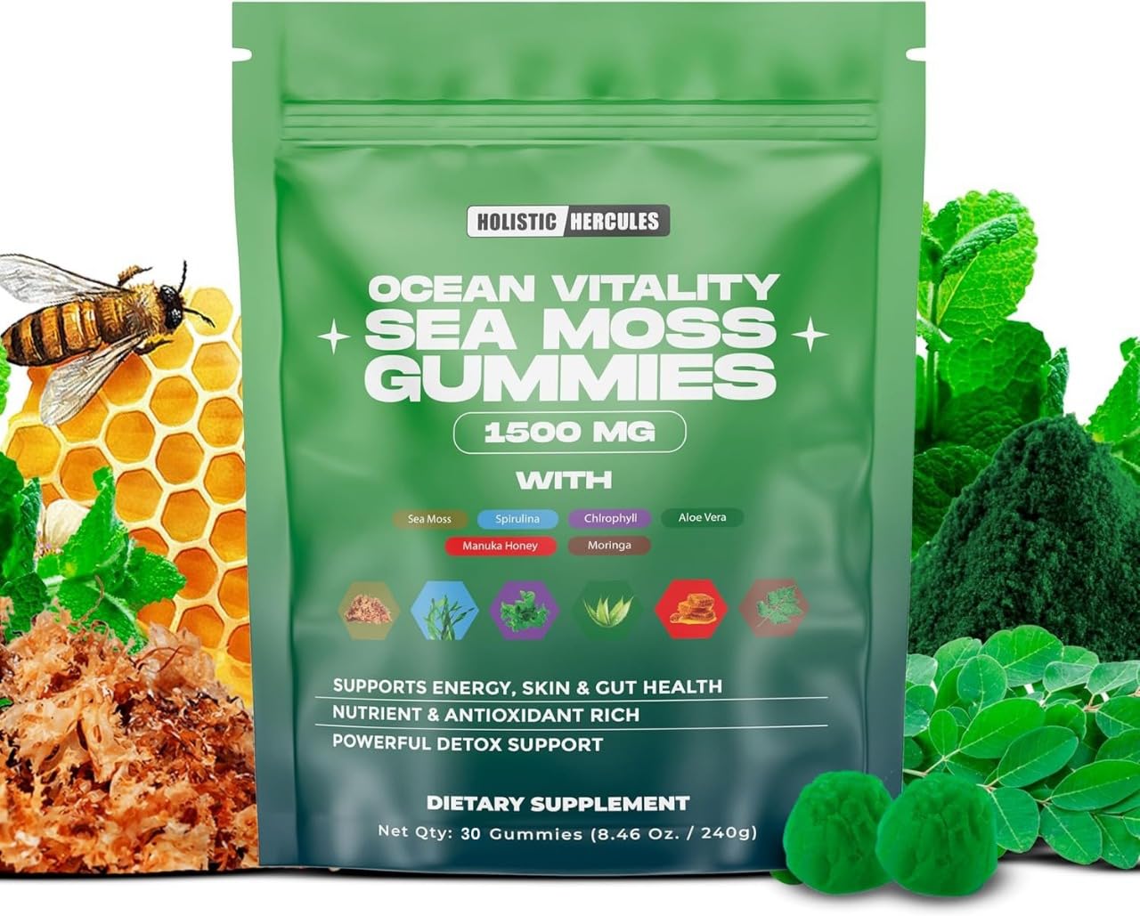 Holistic Hercules Sea Moss Gummies โ Organic Irish Sea Moss, Non-GMO, 30 Count