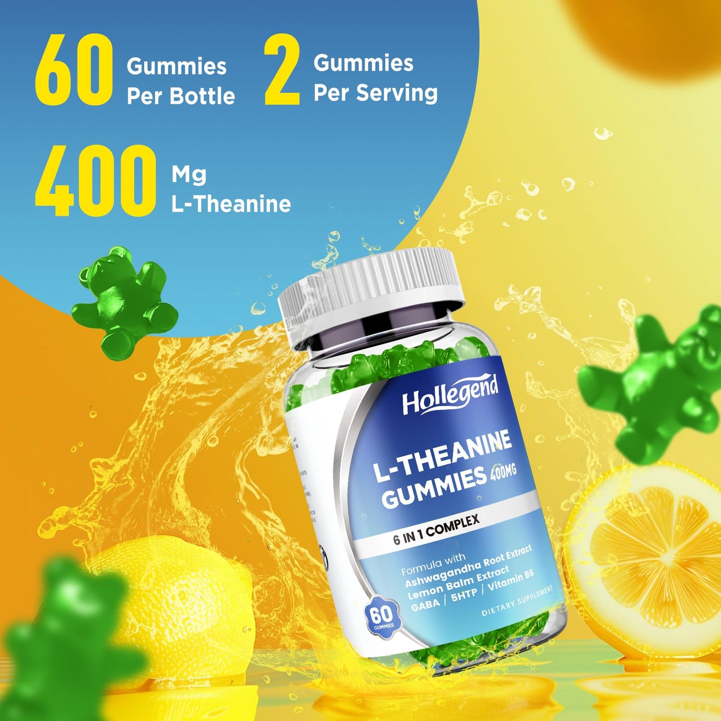 HOLLEGEND L-Theanine Gummies 400mg with Ashwagandha, GABA & 5HTP โ Relax, Sleep & Focus (Vegan, Lemon)