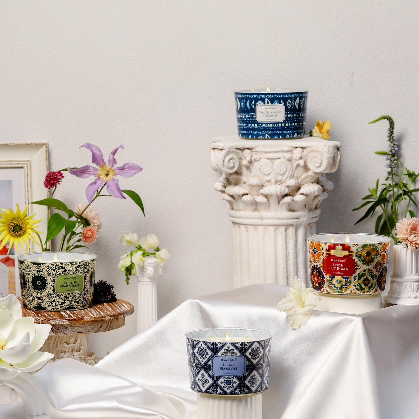 HomeLights 18oz Scented Candle | 4-Wick Aromatherapy Jar โ White Jasmine Tuberose, Bohemian Home Decor & Gift
