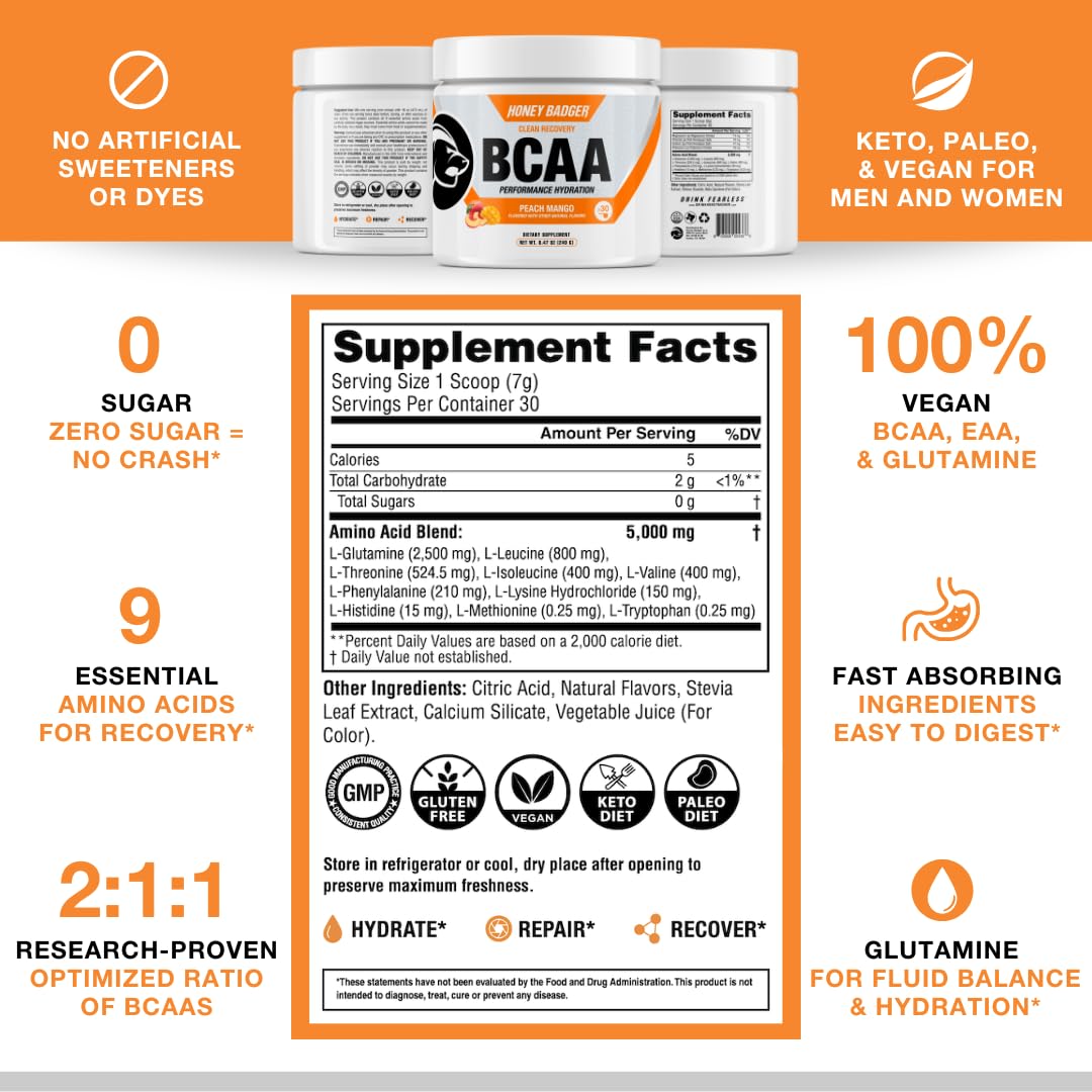 Honey Badger BCAA + EAA Amino Acids Powder โ Vegan, Sugar Free, Keto | Peach Mango, 30 Servings