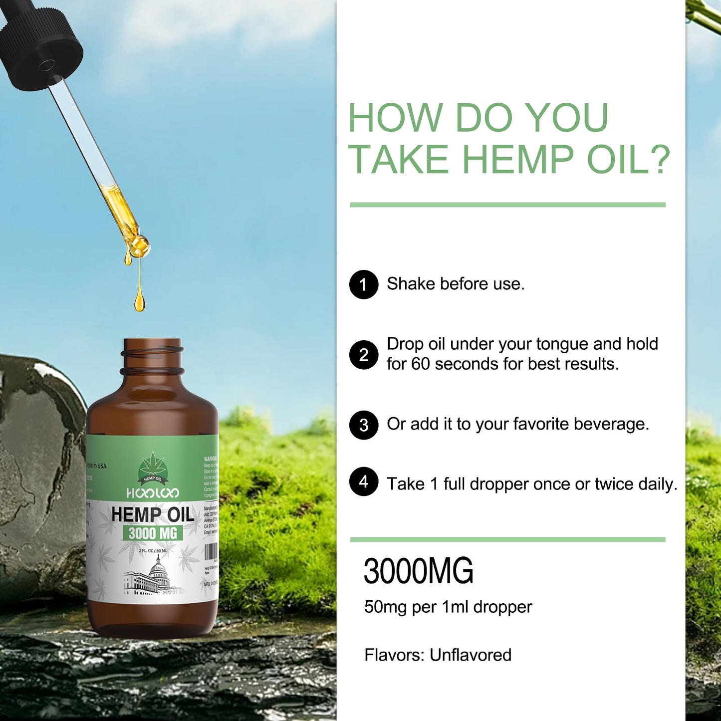 HOOLOO Hemp Oil 3000MG for Adults โ Bedtime Support, Joint Relief | Allergen Free, 2 oz, Made in USA