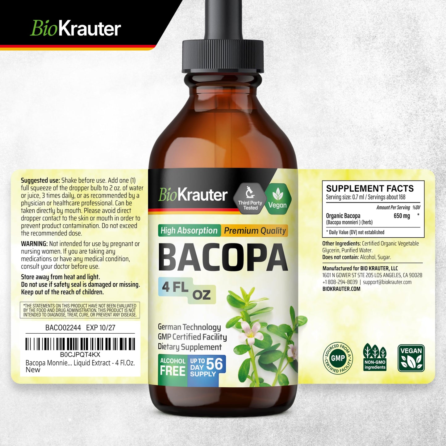 BIO KRAUTER Bacopa Monnieri Liquid โ Brain Support Drops (Alcohol & Sugar Free) 4 Fl Oz