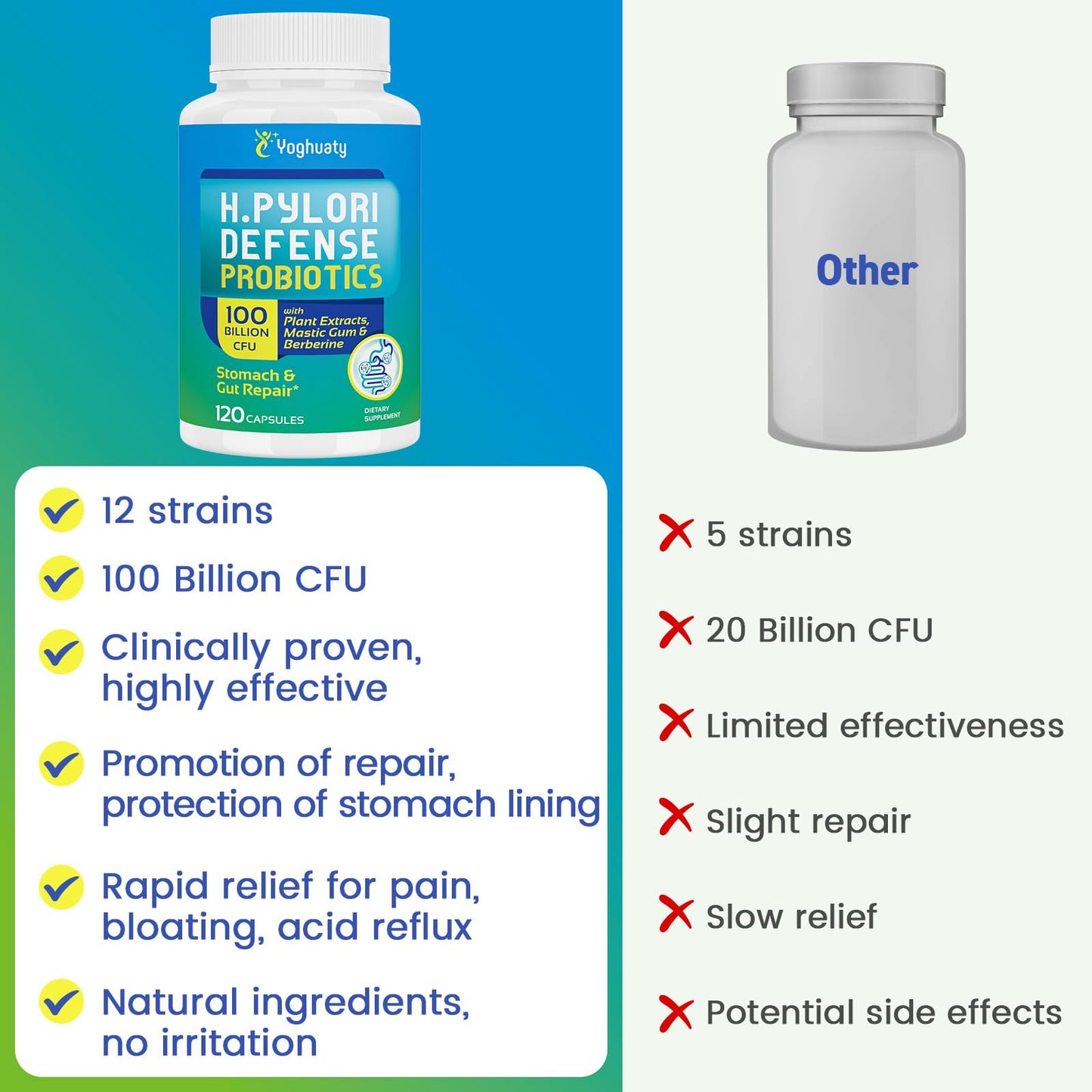 H. Pylori Defense Probiotics 100B CFU โ 12 Strains, Mastic Gum, Berberine, Zinc Carnosine | 120 Capsules