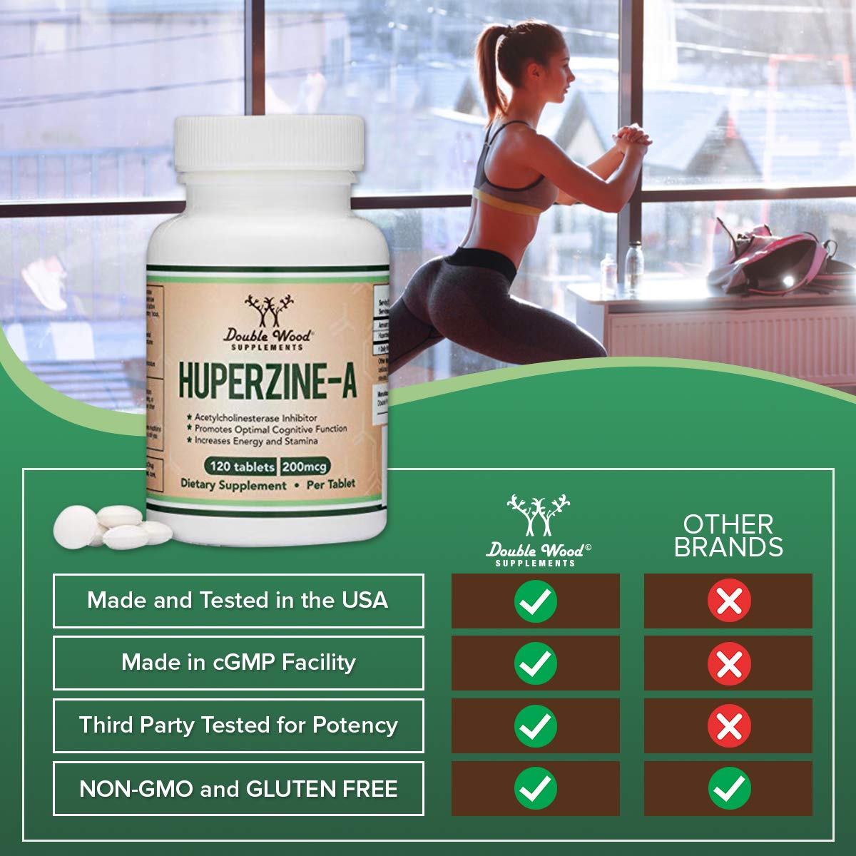 Huperzine A 200mcg (Third-Party Tested) โ 120 Tablets | Supports Memory & Focus | Double Wood