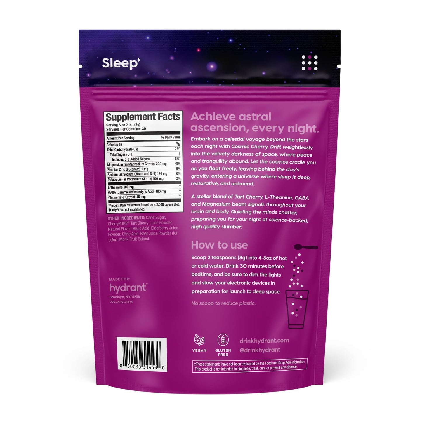 Hydrant Melatonin Free Sleep Aid Powder โ Tart Cherry, Magnesium, L-Theanine & GABA | Cosmic Cherry, 30 Pack