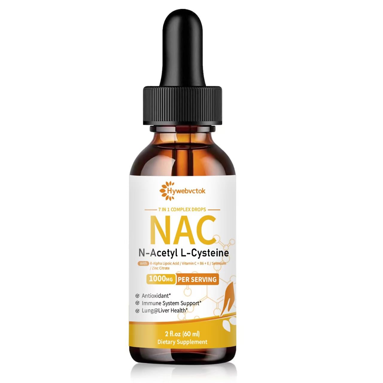 Hywebvctok Liquid NAC Drops 1000 MG โ N-Acetyl Cysteine with R-Alpha Lipoic Acid | Immune Support, Liver & Lung Health | Orange Flavor