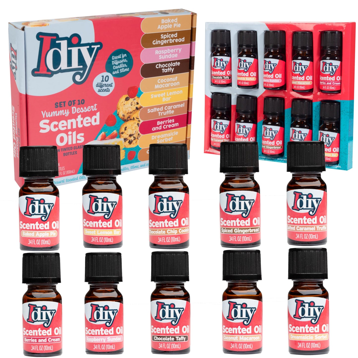Idiy Yummy Dessert Scented Oils (10 Pack) β 10ml Glass Bottles for Diffusers, Aromatherapy, Slime & Crafts