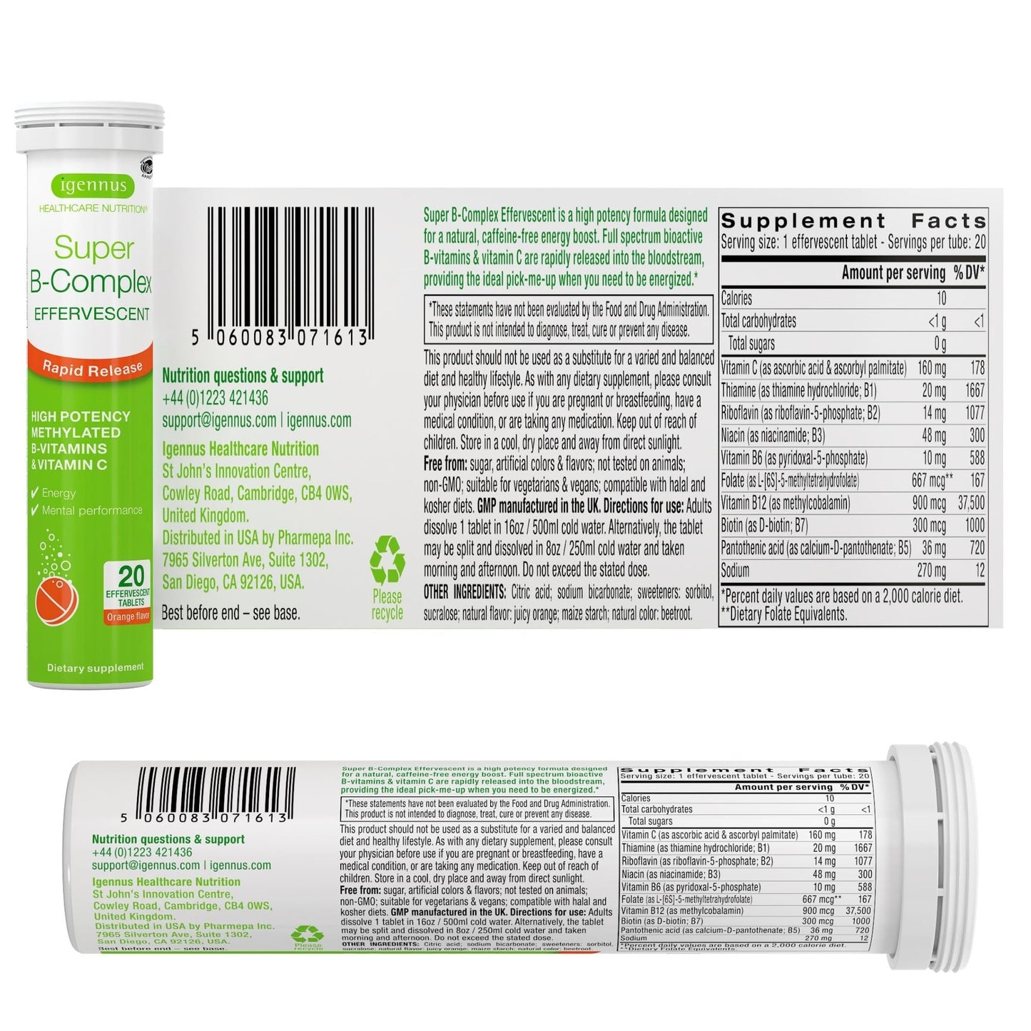 Igennus Super B-Complex โ Methylated Liquid B-Vitamins, Orange, Vegan (20 Tablets)