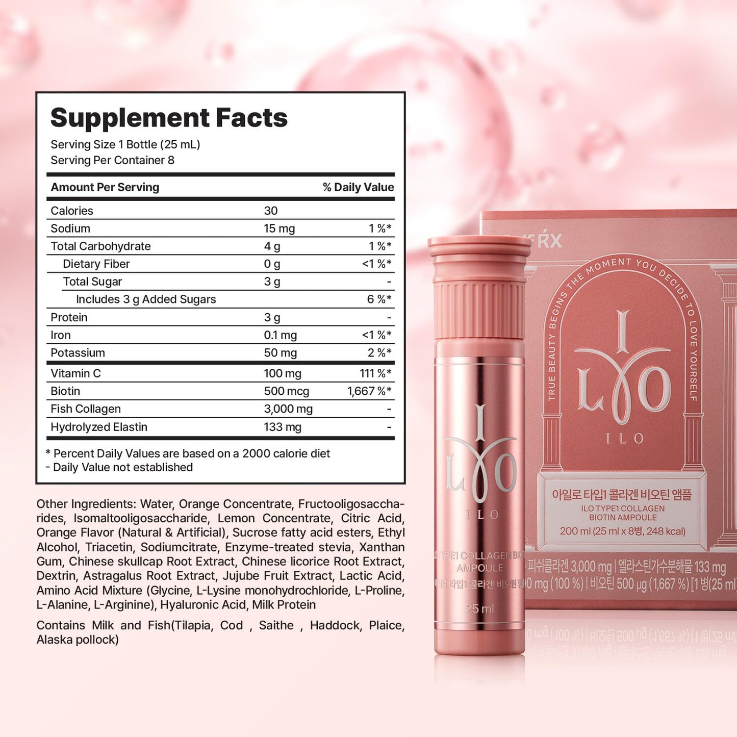 ILO Liquid Collagen Drink โ 3,000mg Type 1 Marine Collagen with Biotin & Milk Ceramide | Skin Glow & Hydration | Orange Flavor | 8 Bottles