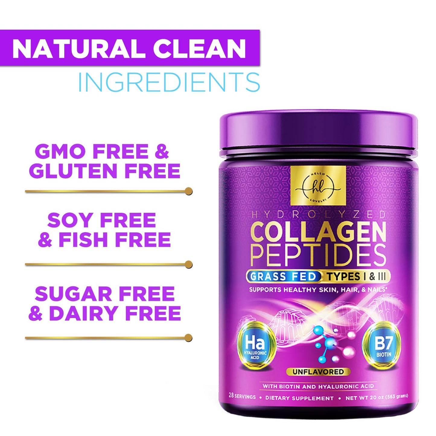 Collagen Peptides Powder 20g Unflavored โ Grass-Fed Type I & III, Hyaluronic Acid & Biotin | 28 Servings