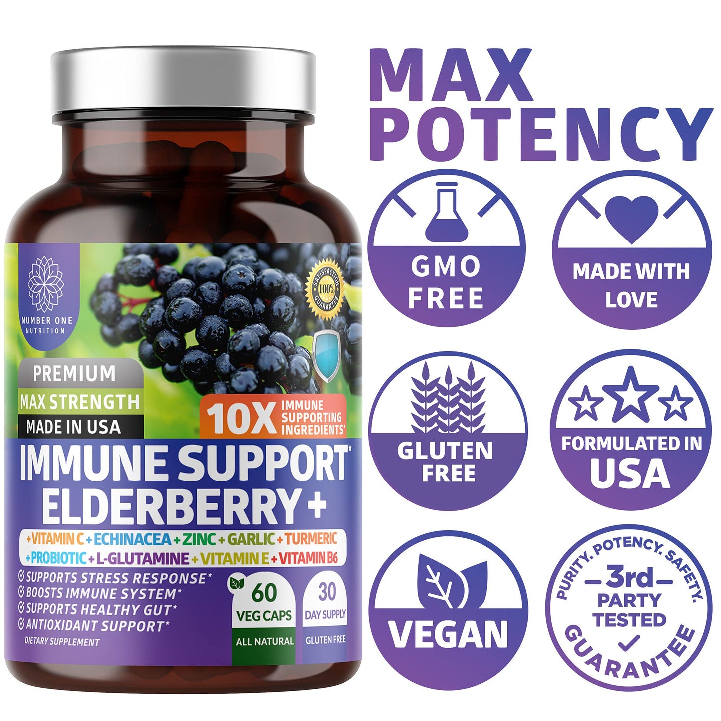 Premium 10-in-1 Immune Support Supplement with Elderberry & Probiotics โ 60 Veg Caps