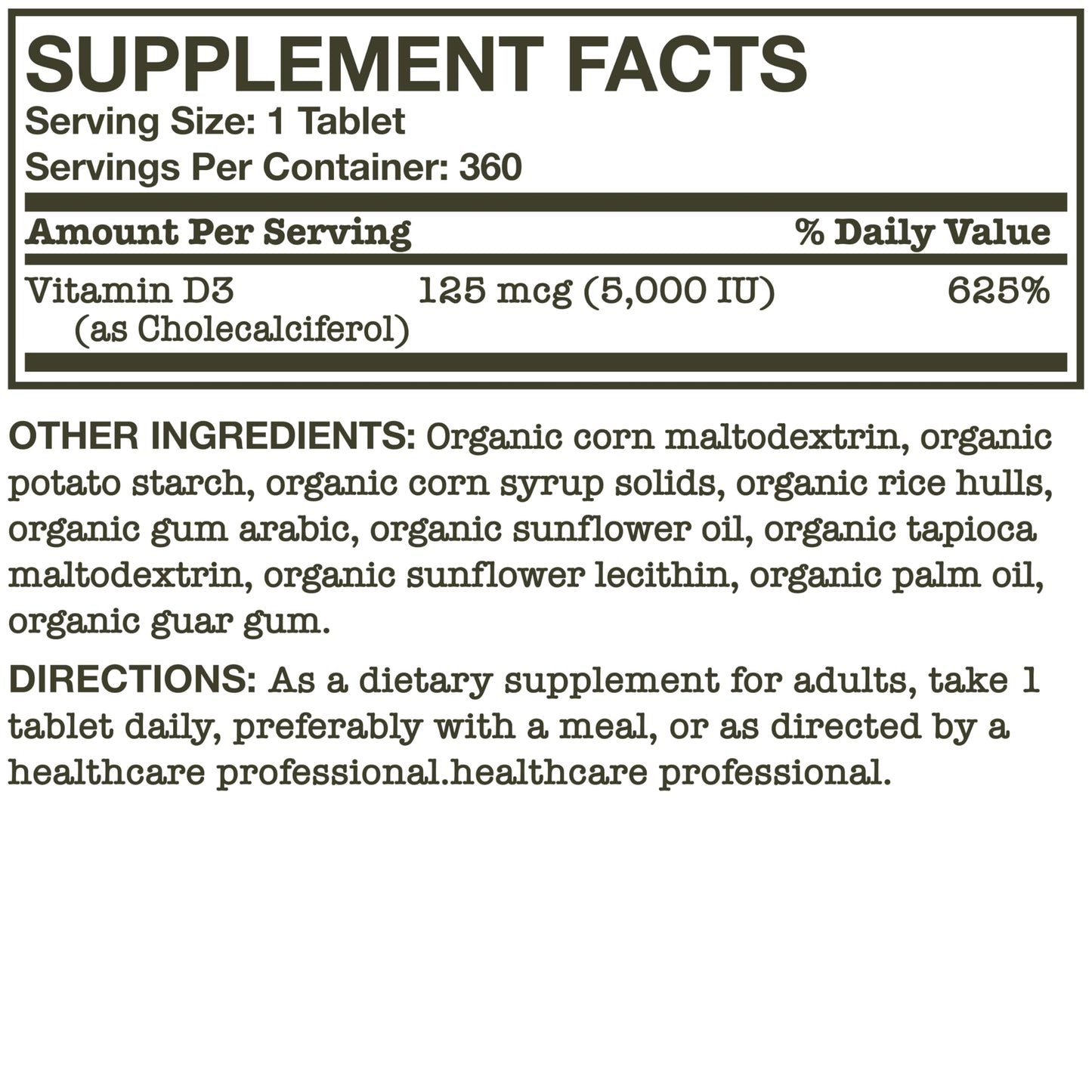 Futurebiotics Vitamin D3 5,000 IU (125 mcg) โ USDA Organic, 360 Tablets