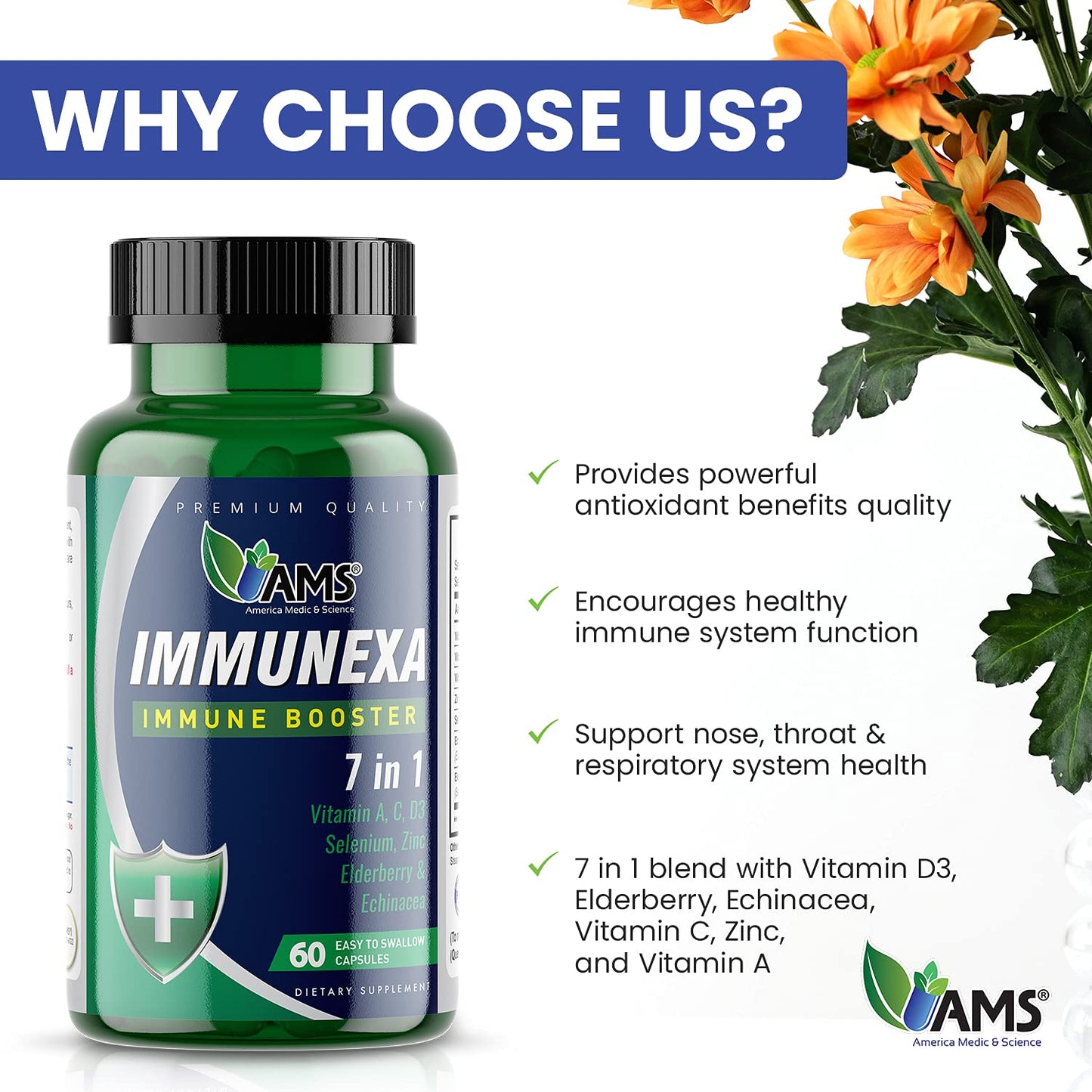 America Medic & Science Immunexa 7 in 1 Immune Support Booster (60 Capsules) โ Vitamin A, C, D3, Zinc, Elderberry, Echinacea, Selenium | Gluten-Free, Non-GMO