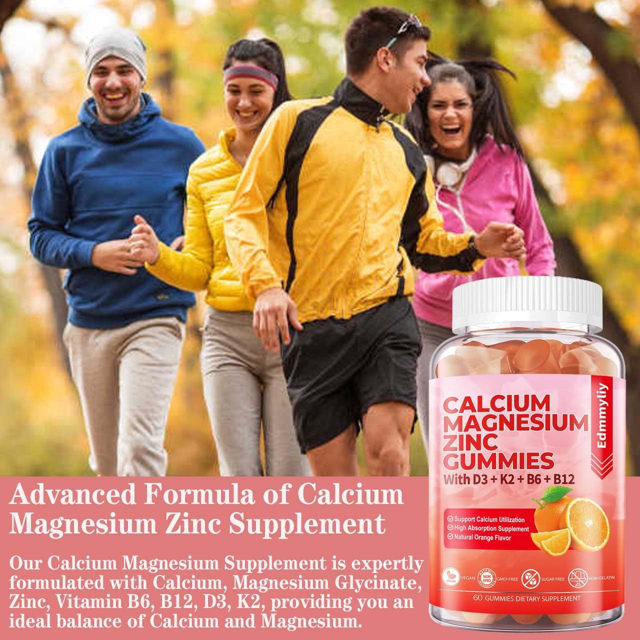 Sugar Free Calcium Magnesium Zinc Gummies with Vitamin D3 & B12 โ Immune Support (120 Count)