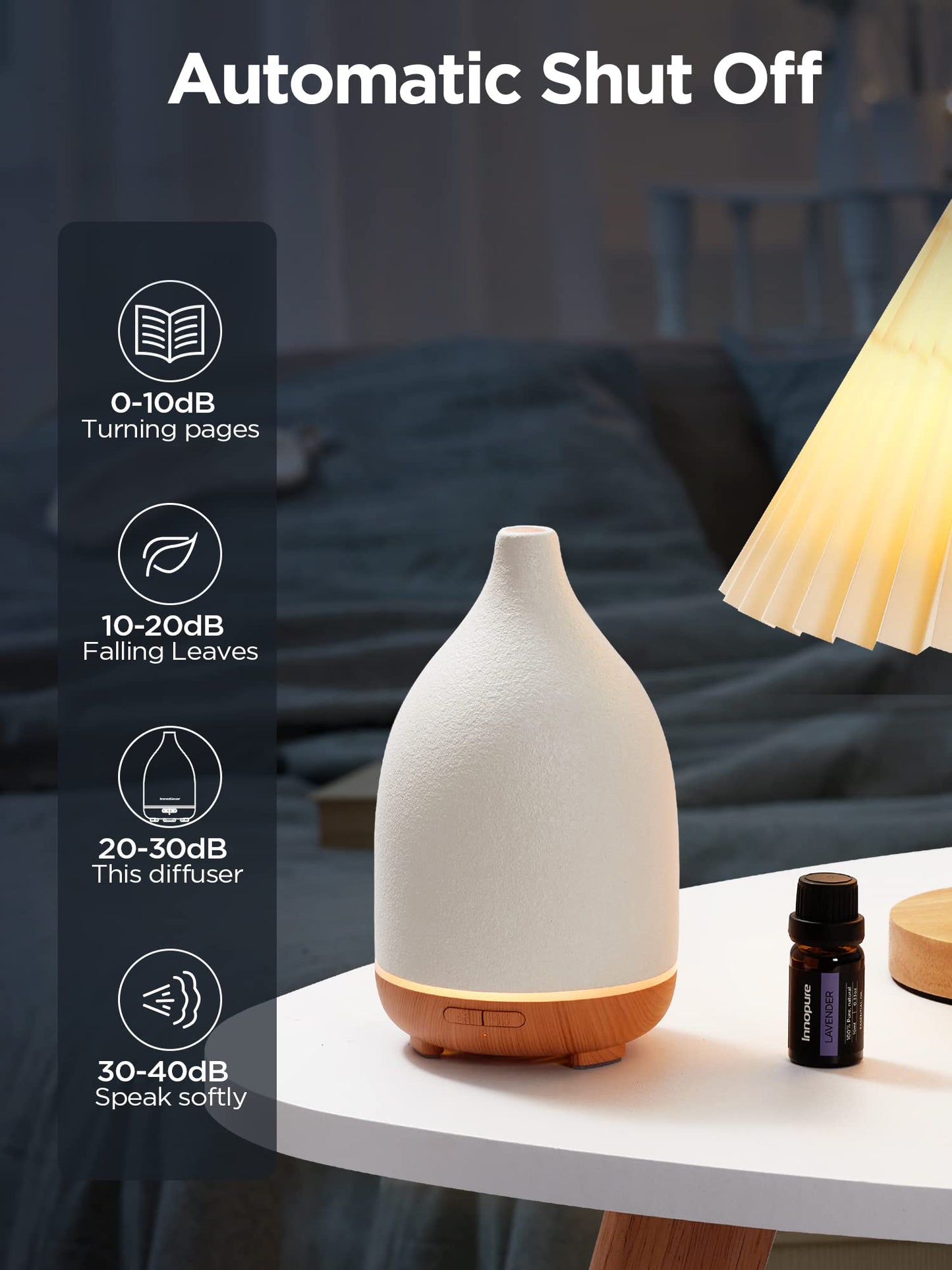 InnoGear 150ML Ceramic Oil Diffuser โ Ultrasonic, Auto Off, 2 Mist Modes