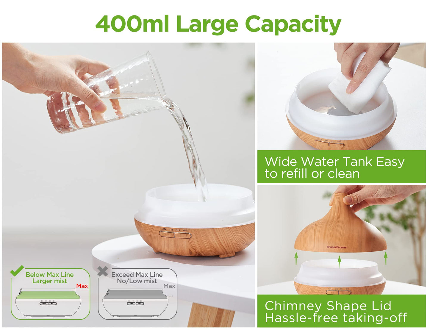 InnoGear Aromatherapy Diffuser + 10 Essential Oils Set โ 400ml Ultrasonic Diffuser, 7-Color LED, Auto Off