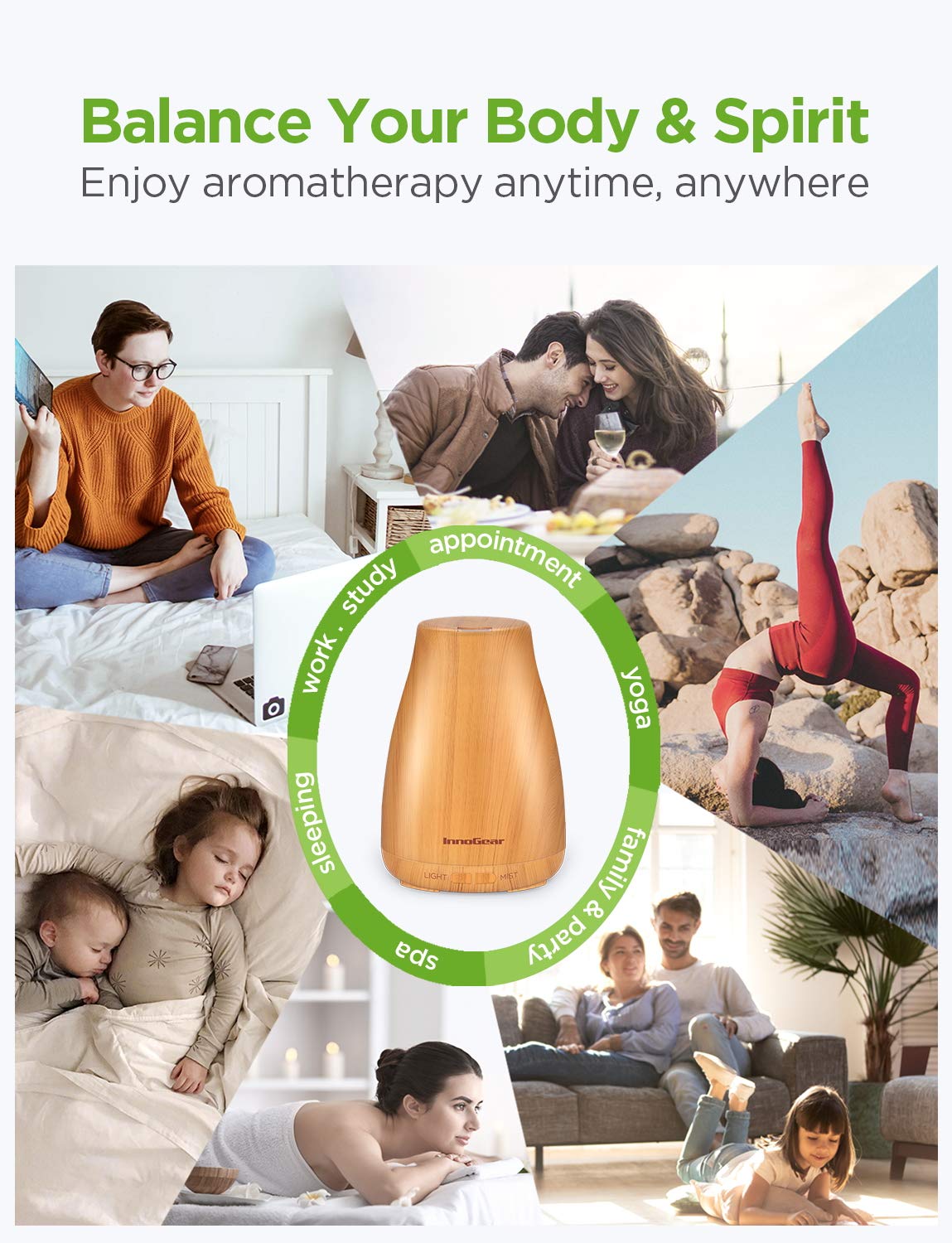 InnoGear Essential Oil Diffuser โ Ultrasonic Humidifier, 7-Color LED, 2 Mist Modes, Auto Off, Yellow