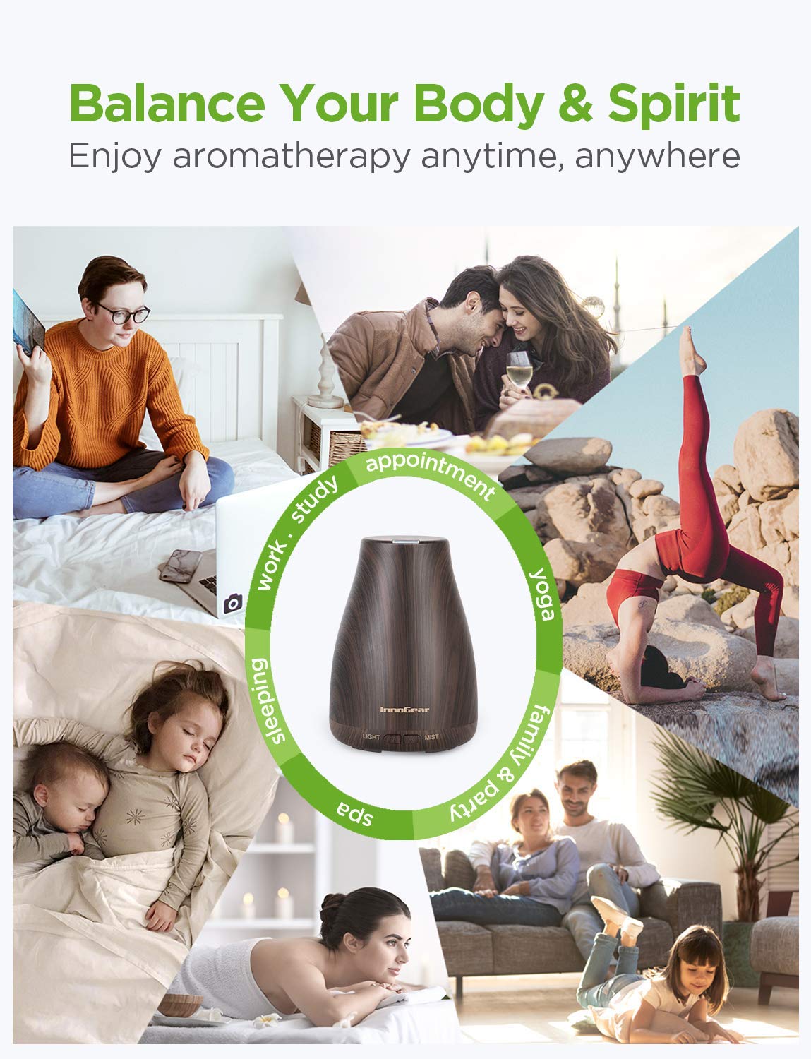 InnoGear Essential Oil Diffuser โ Ultrasonic Diffuser for Home Aromatherapy, 7-Color LED, Auto Off, 2 Mist Modes, Brown