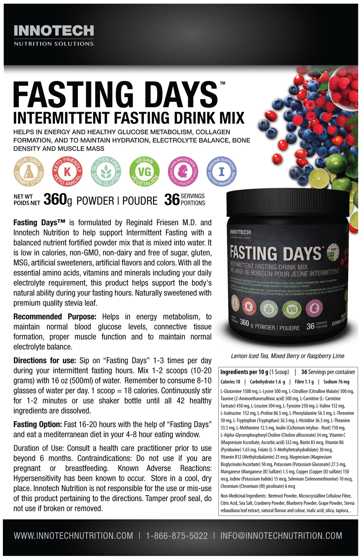 INNOTECH Nutrition Fasting Days Lemon Iced Tea Drink Mix โ Intermittent Fasting (360 g) | 42 Ingredients