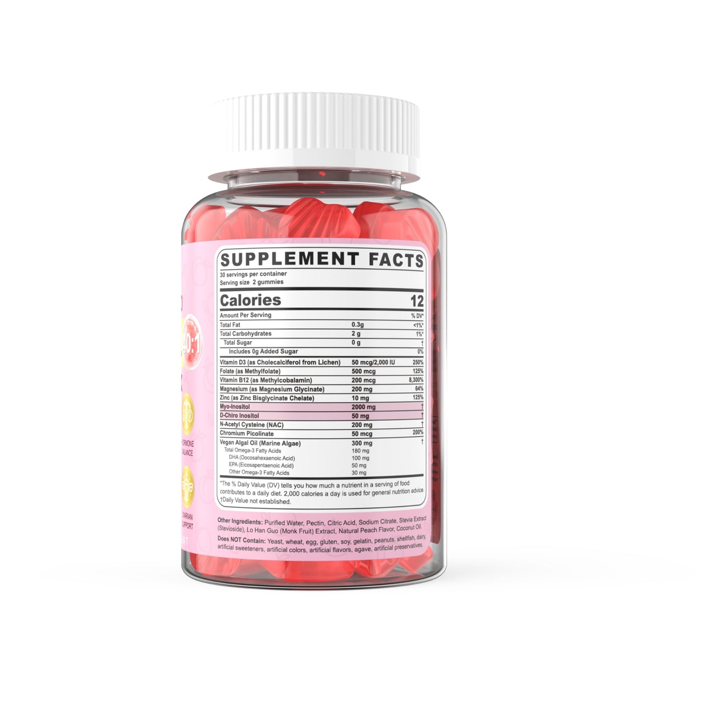 Myo-Inositol & D-Chiro Inositol Gummies β Sugar Free 40:1 for Women | Vegan Omega-3, D3, Magnesium, B12