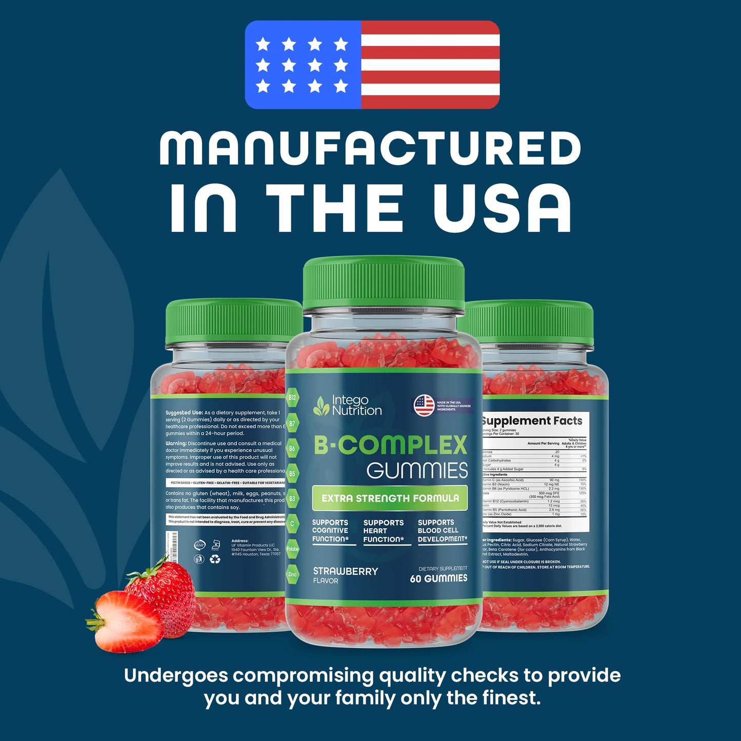 INTEGO NUTRITION Vitamin B Complex Gummies for Adults โ Strawberry Flavor, 60 Count | Energy & Brain Health