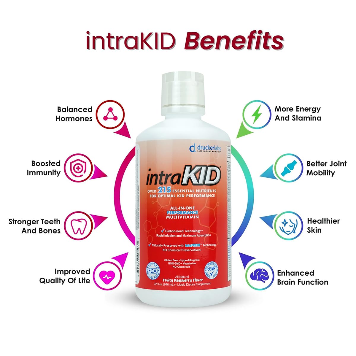 intraKID Drucker Labs Organic Liquid Multivitamin for Kids β Fruity Raspberry, Immune Support, 32 oz