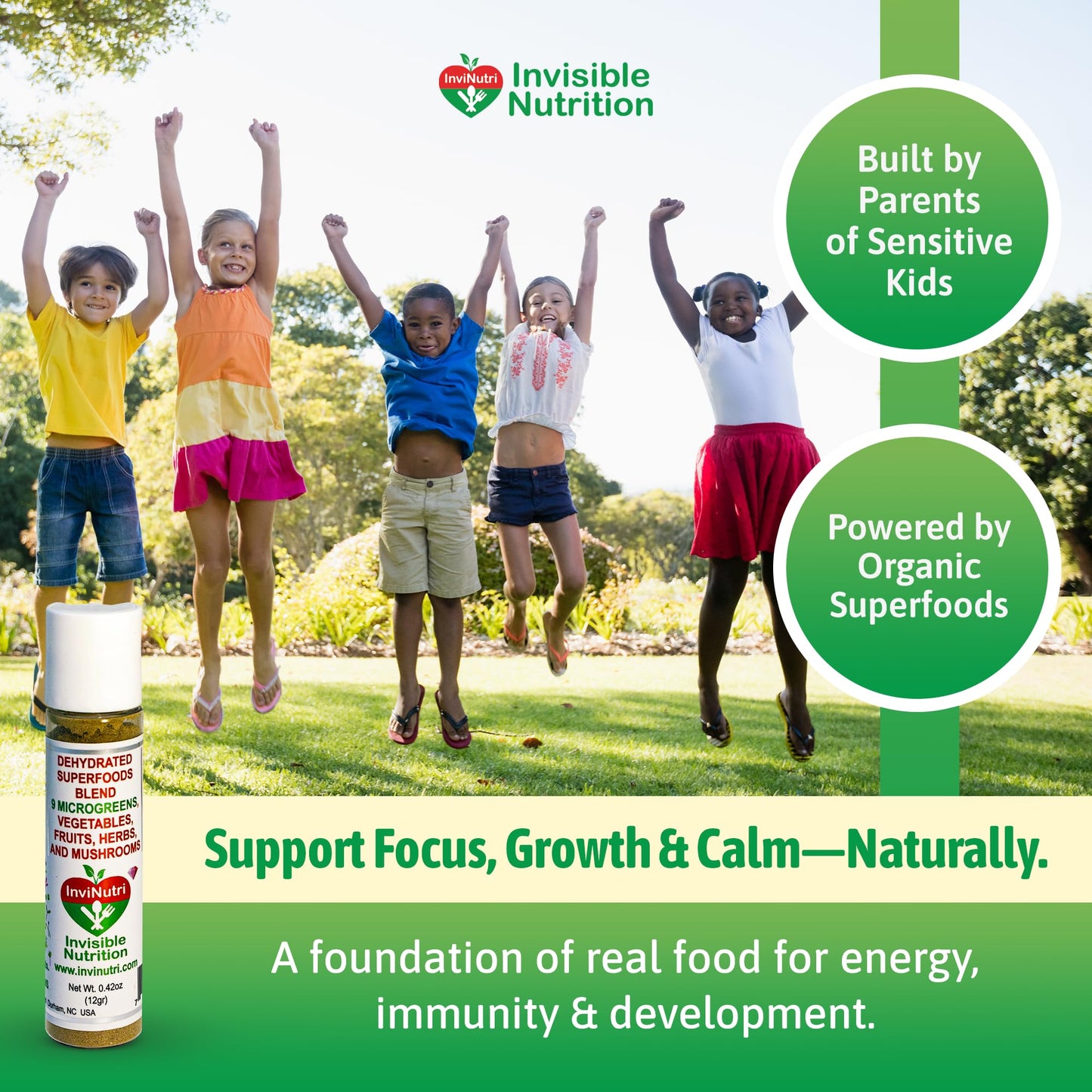 InviNutri Microgreens โ Real-Food Multivitamin Powder for Neurodivergent & Picky Eaters | 40x Micronutrients, 30mg Sulforaphane | US Made | Trial Size