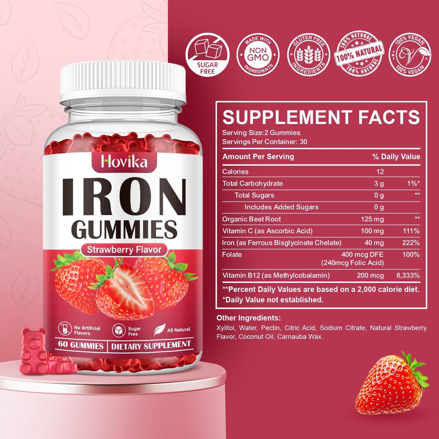 Iron Gummies for Women & Men โ Sugar Free Strawberry, 60 Gummies | Iron Bisglycinate with Vitamin C, B12 & Folate