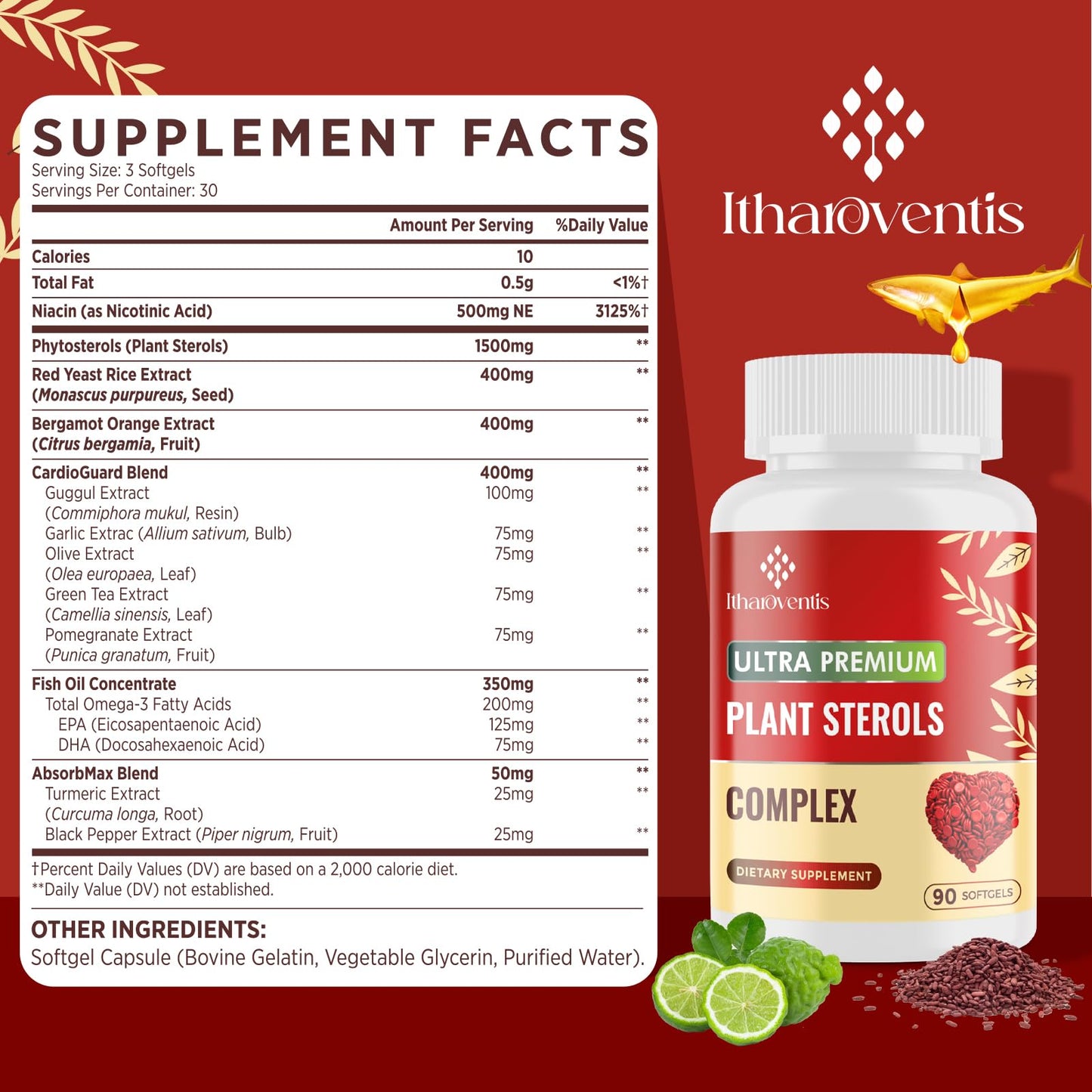 Itharoventis Cholesterol Supplements with Plant Sterols, Niacin, Red Yeast Rice, Bergamot, Omega-3 & Garlic β Advanced Absorption Formula β 180 Softgels