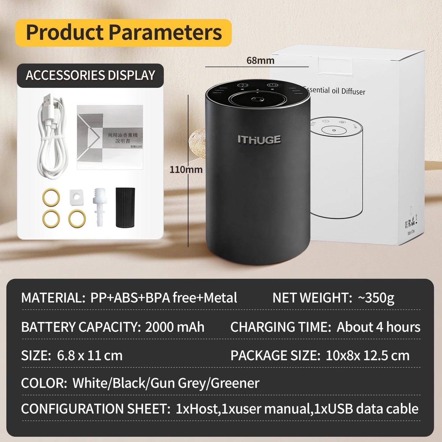 ITHUGE Waterless Diffuser E200S โ Portable Battery-Operated Aromatherapy