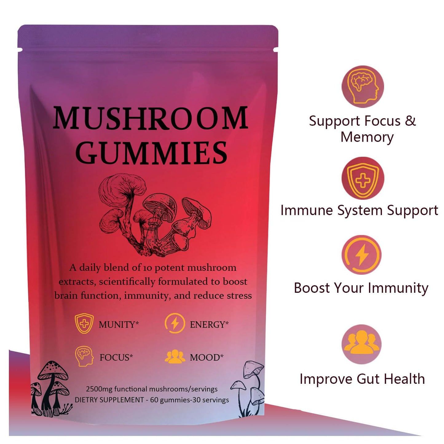 ixarco Mushroom Gummies โ Immune Support & Energy, Vegan, 60 Gummies