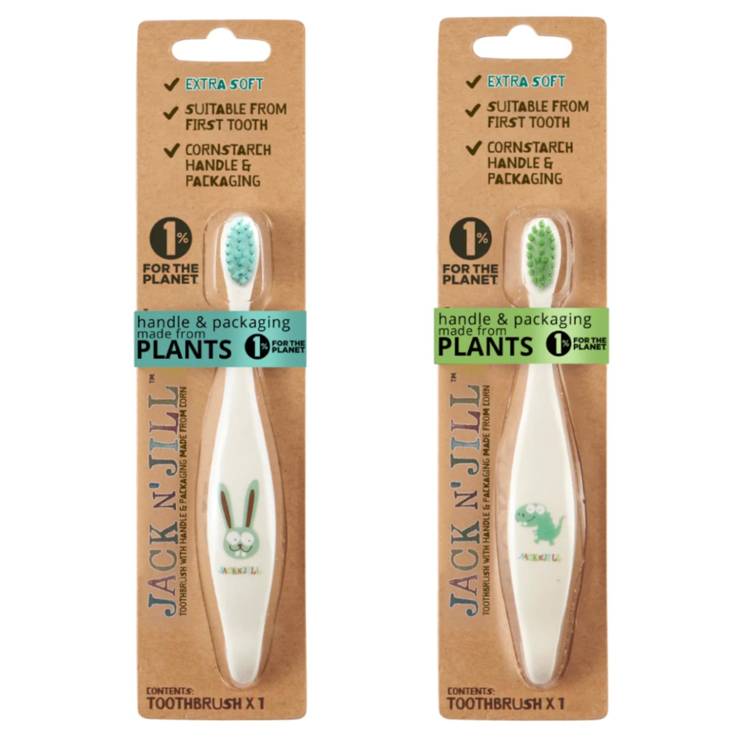 Jack N' Jill Kids Toothbrush โ Extra Soft, Plant-Based Handle, 2-Pack (Dino & Bunny)