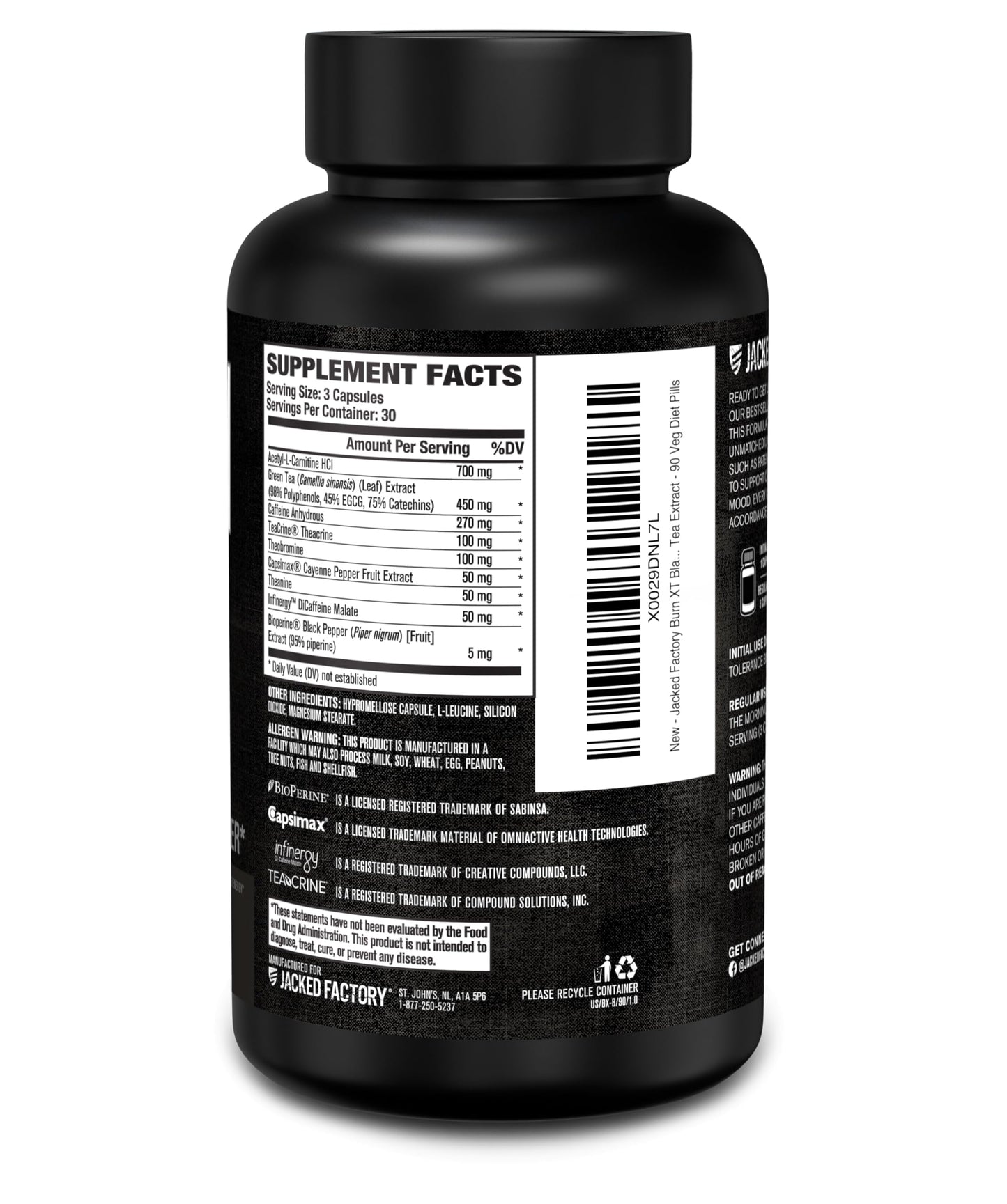 Jacked Factory Burn XT Black Thermogenic Fat Burner โ TeaCrine, Infinergy, Green Tea Extract | 90 Veg Diet Pills
