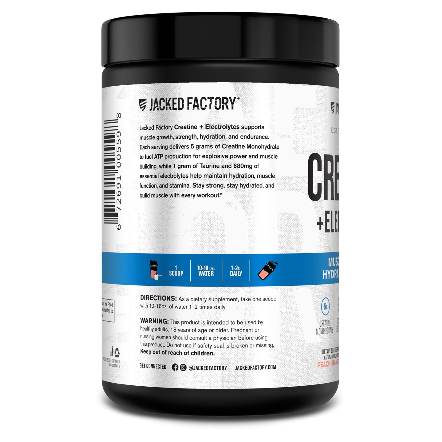 Jacked Factory Creatine + Electrolytes โ Peach Mango (50 Servings) | Creatine Monohydrate with Taurine & Electrolytes