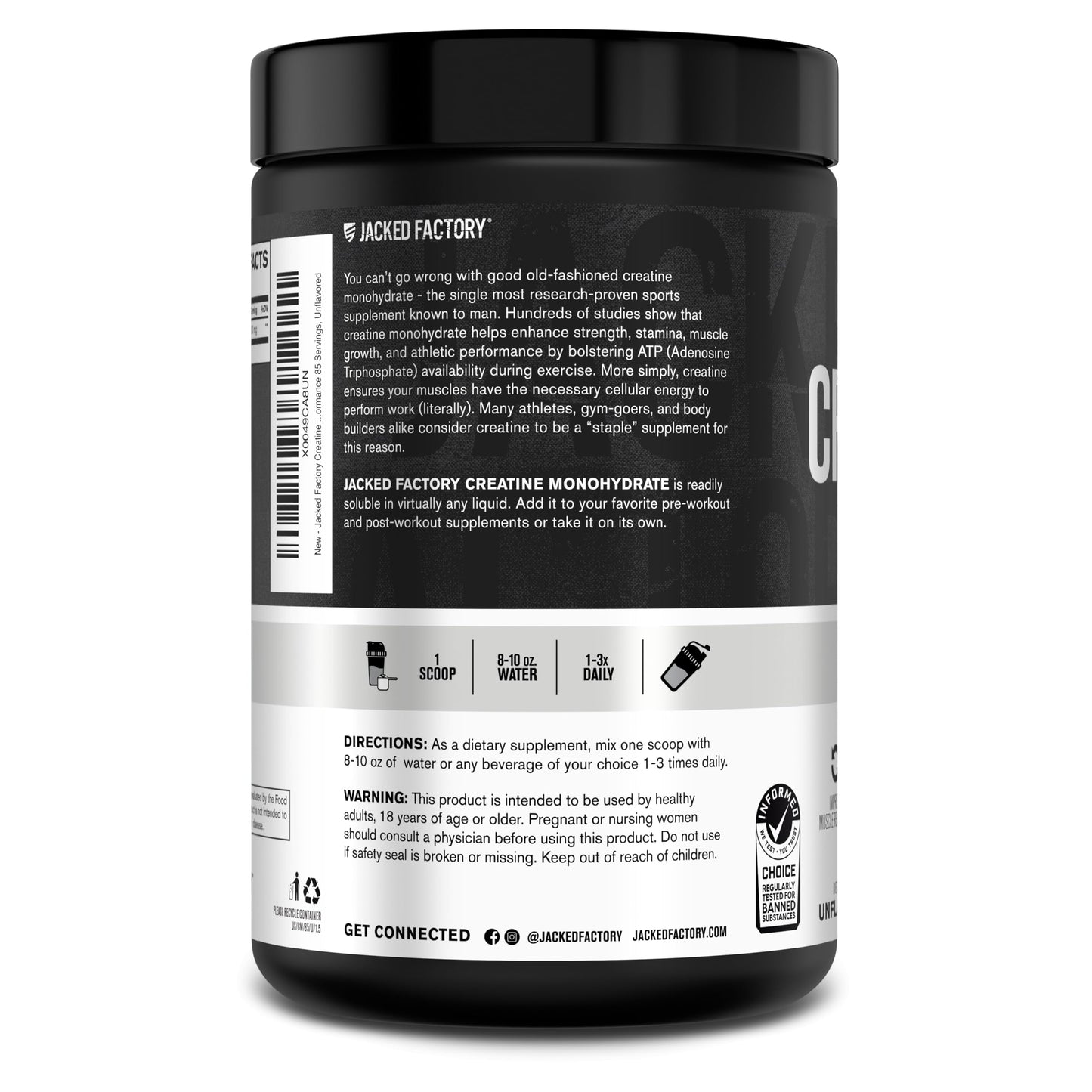 Jacked Factory Creatine Monohydrate Powder 425g โ 5g Per Scoop, 85 Servings, Unflavored, Vegan