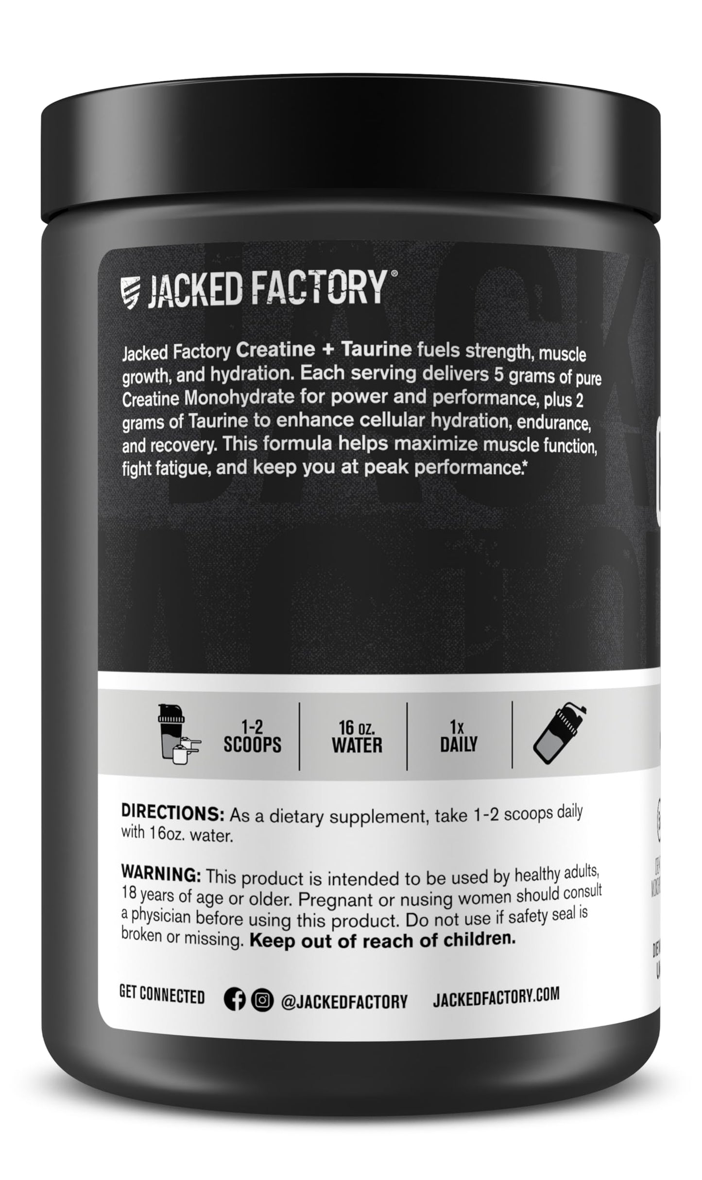 Jacked Factory Creatine + Taurine - Creatine Monohydrate 5000mg with Taurine 2000mg for Increased Muscle Strength & Cellular Hydration - 60 Servings, Unflavored