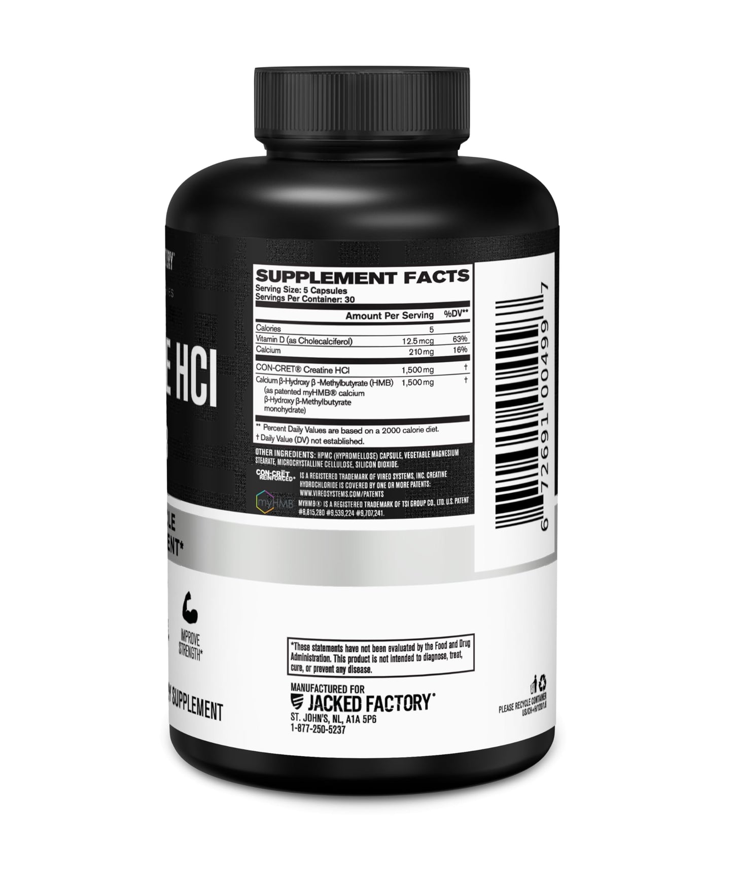 Jacked Factory Creatine HCL + HMB Capsules - Synergistic CON-CRET, myHMB, & Vitamin D Formula for Growth, Strength, & Reduced Muscle Breakdown - 150 Capsules
