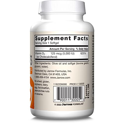 Jarrow Formulas Vitamin D3 5000 IU (125 mcg) โ 100 Servings Softgels | Immune & Bone Support | Gluten Free