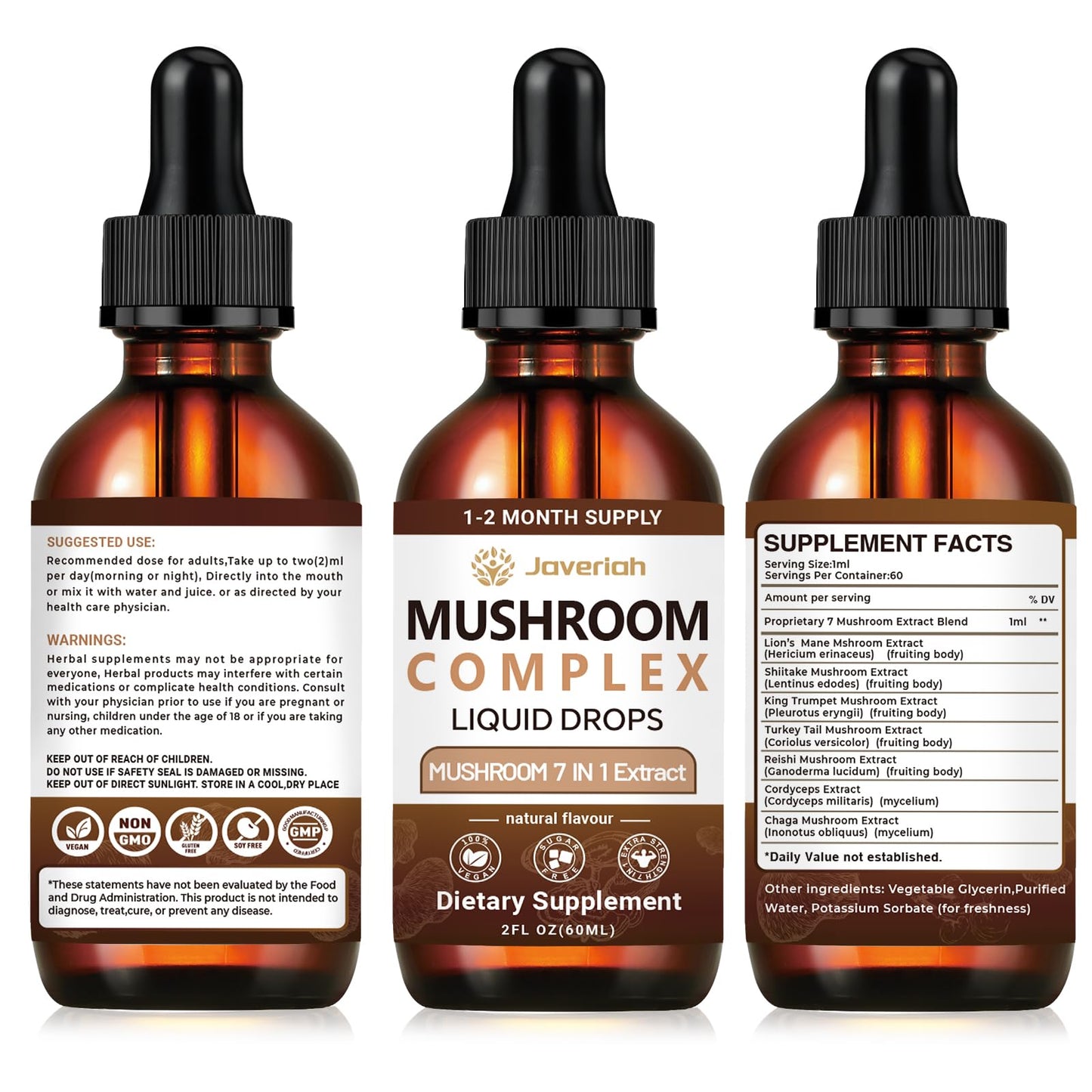 Javeriah 7-in-1 Mushroom Complex Drops โ Lion's Mane & 7 Mushrooms, 2 fl oz