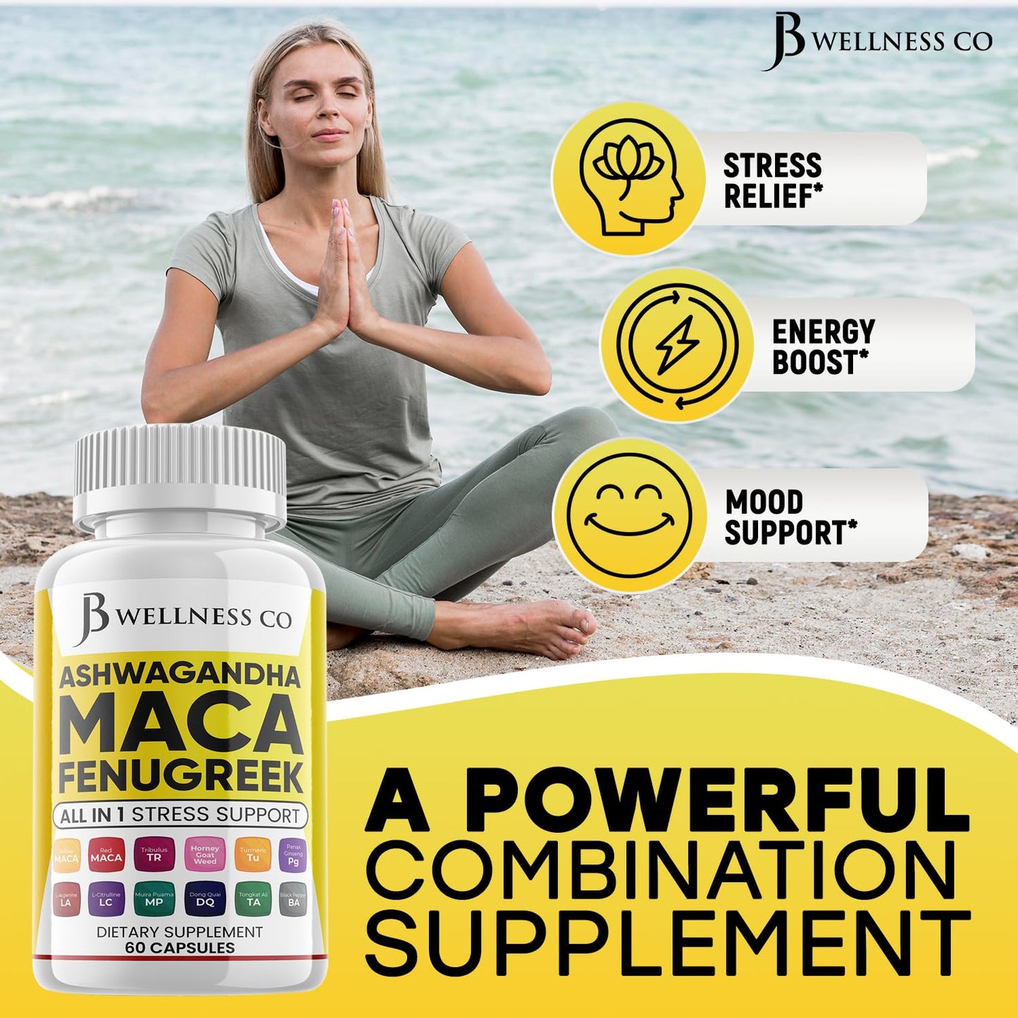 JB Wellness Co. Ashwagandha Maca Fenugreek with Tongkat Ali & Ginseng โ Mood & Thyroid Support (60 Count)