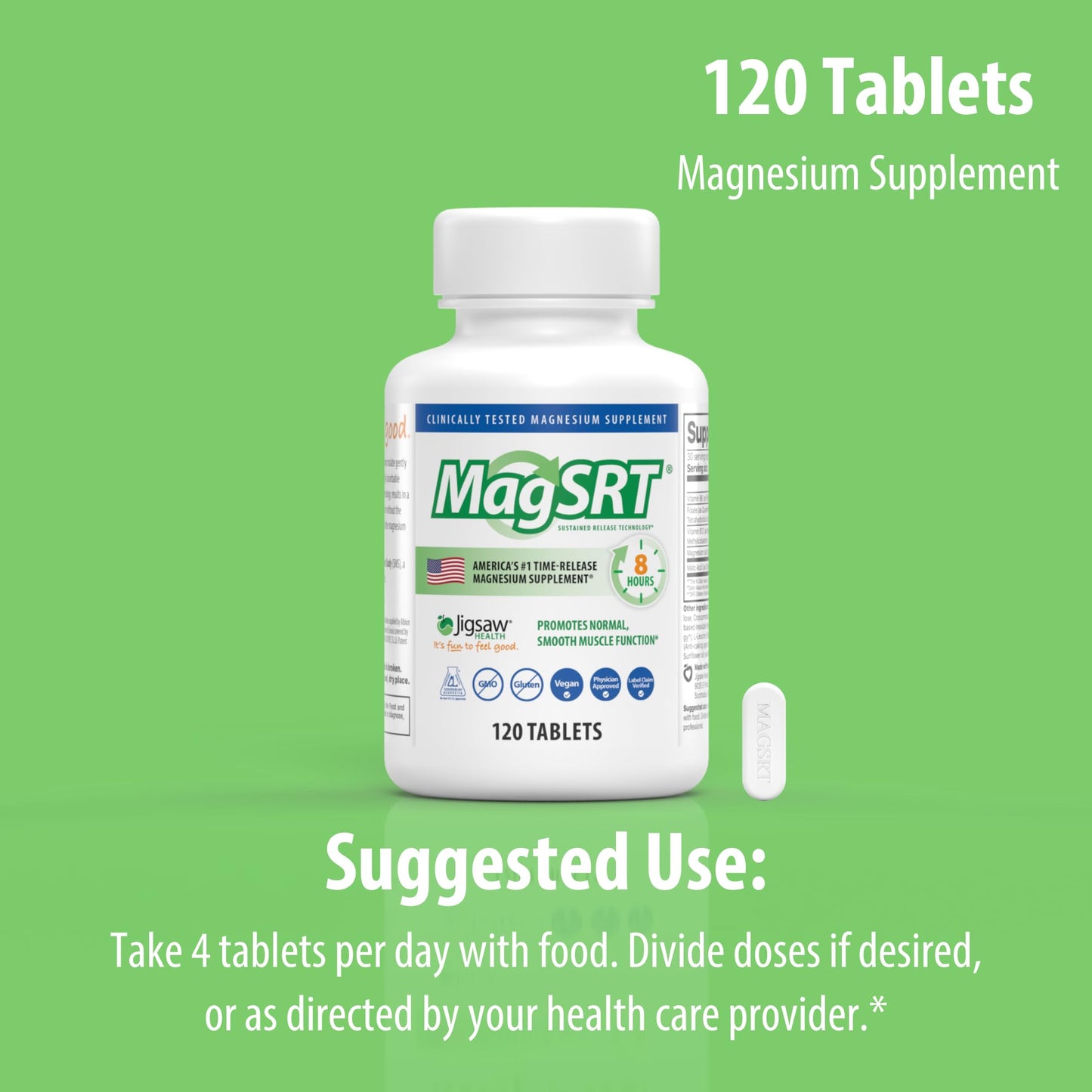 Jigsaw Health MagSRT Magnesium Supplement โ Vitamin B6, Folate & B12 | 120 Tablets | 30 Servings
