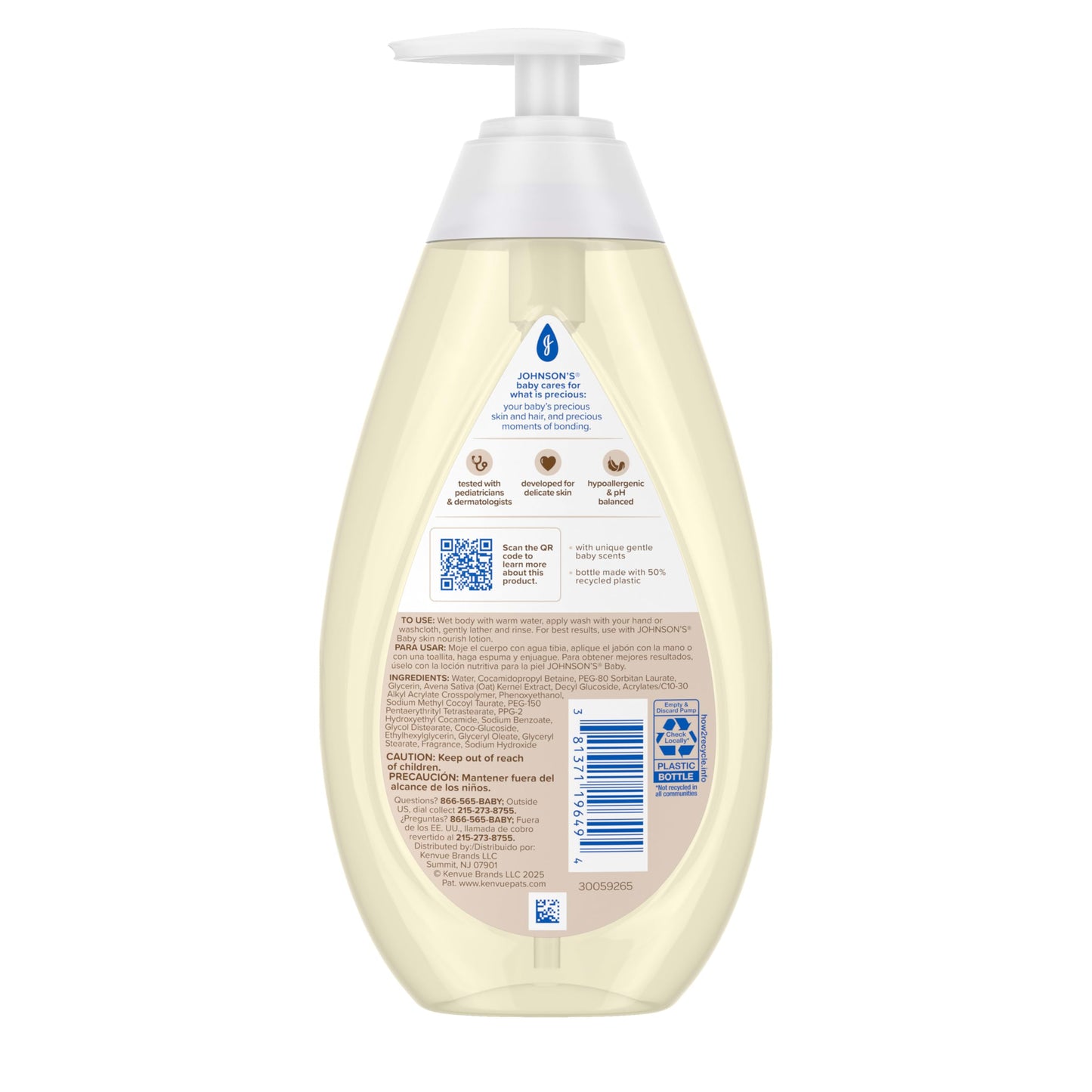 Johnson's Skin Nourishing Moisture Baby Wash โ Vanilla & Oat, Tear-Free, Hypoallergenic | 20.3 fl oz
