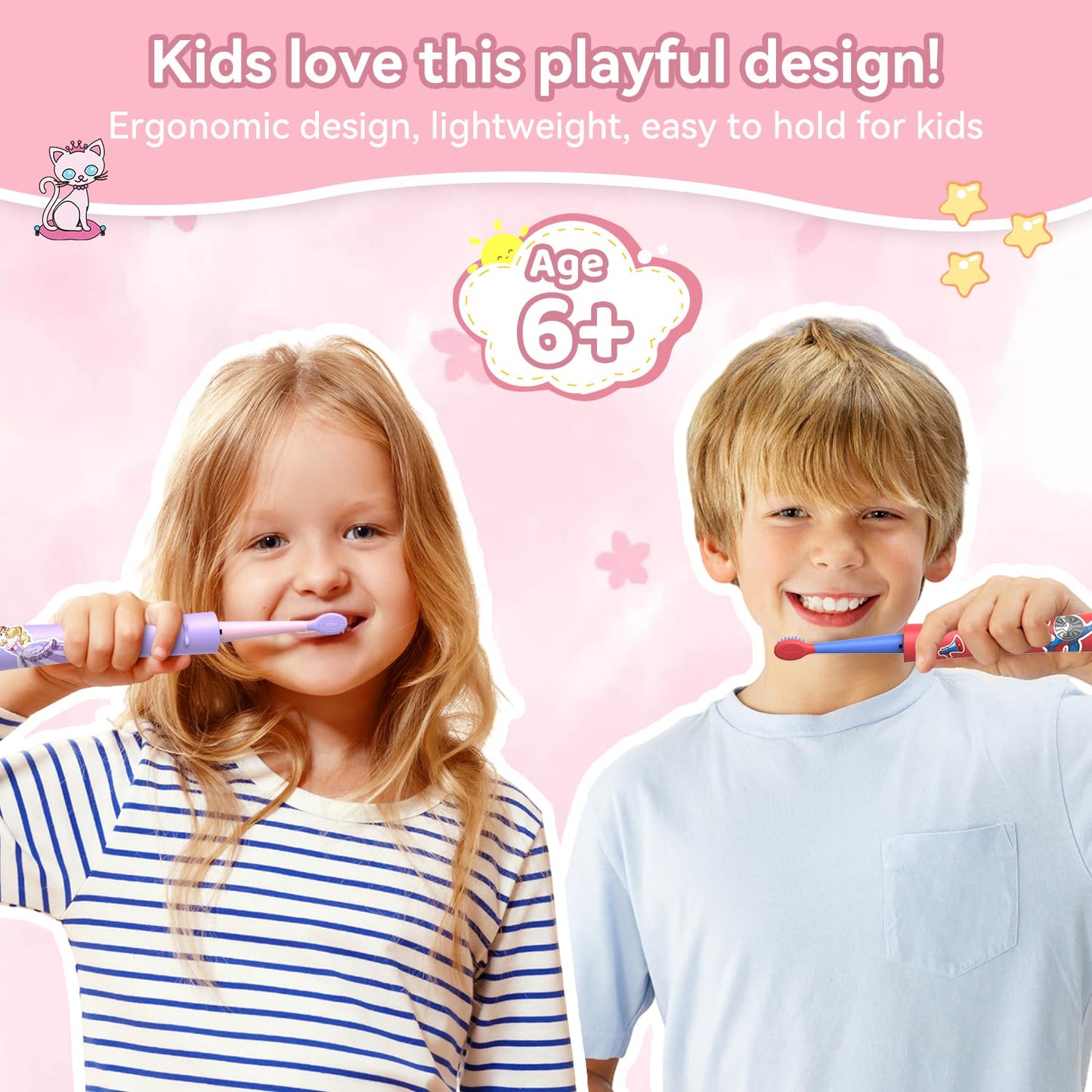 JTF Kids Electric Toothbrush Pink β Sonic Toothbrush for Girls, 5 Modes, IPX7, 2-Min Timer, DIY Sticker Set