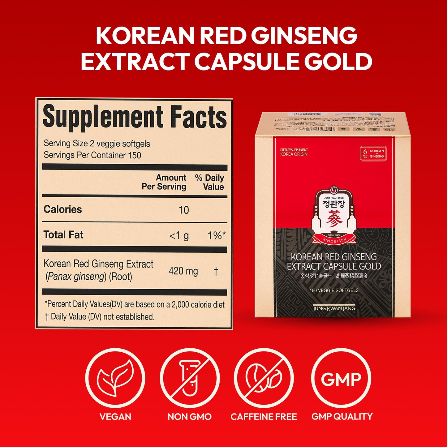 Jung Kwan Jang Korean Red Ginseng Extract Capsule Gold β Vegan Energy & Immune Support, Caffeine Free (600mg, 150 Capsules)