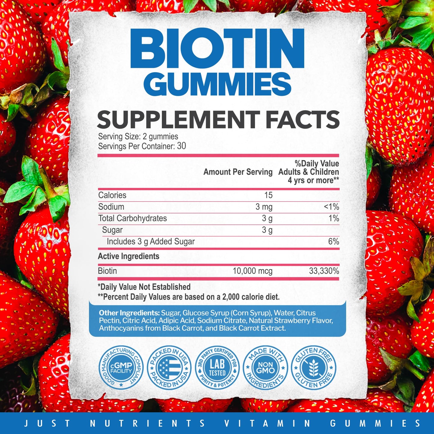 Just Nutrients Biotin 10,000mcg Gummies โ Hair, Skin & Nails (60 Gummies) โ Vegan & Gluten-Free