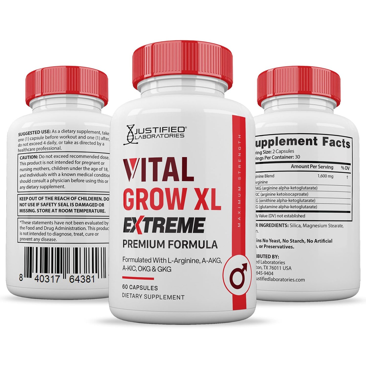 Justified Laboratories | Vital Grow XL Extreme 2 Pack โ 1600MG Premium Formula for Men's Health | 120 Capsules