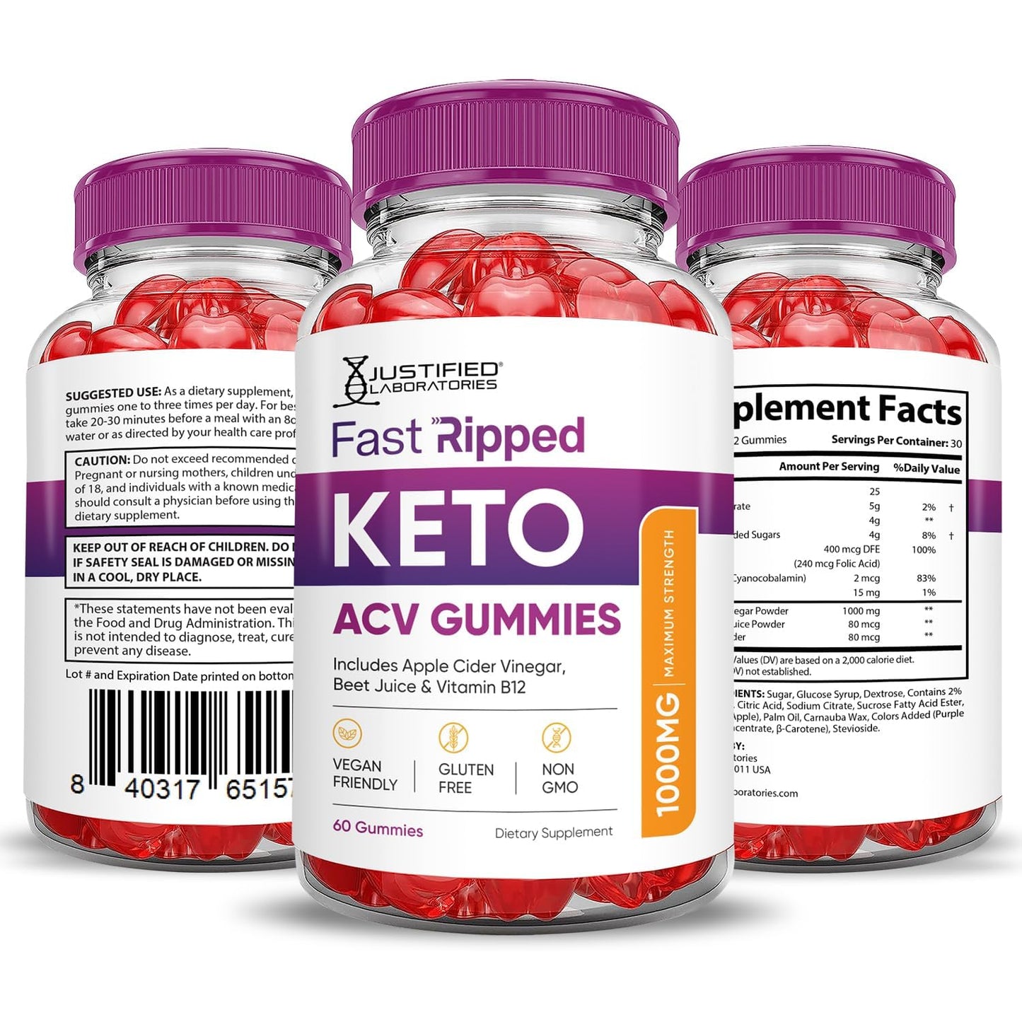 Justified Laboratories Keto Rush ACV Gummies 3 Pack โ 180 Gummies, 1000mg ACV, Vegan & Non-GMO